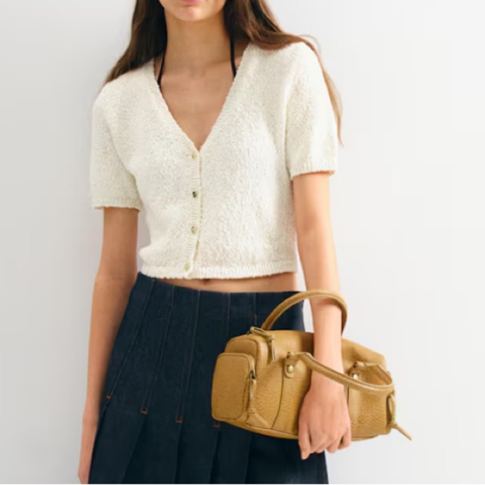 New H&M SLUB-KNIT CARDIGAN Cream Short Sleeve size M